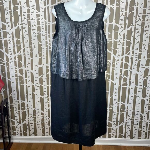 Zyga Lin'n Laundry 100% Linen Dress in Blizzard Silver Metallic & Black sz 44 - Picture 1 of 16